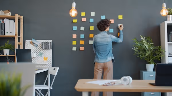 Businesswoman organizing sticky notes
